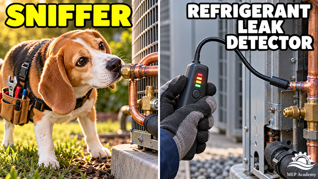 Dog sniffing an AC fitting beside an electronic refrigerant leak detector probing a copper joint.