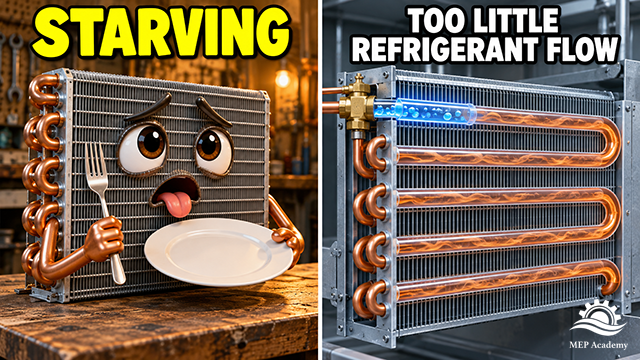 Hungry evaporator holding an empty plate beside a coil cutaway illustrating insufficient refrigerant feed.