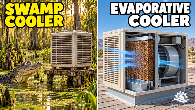 Cooler beside an alligator in a swamp compared with an evaporative cooler showing wet media and a blower.