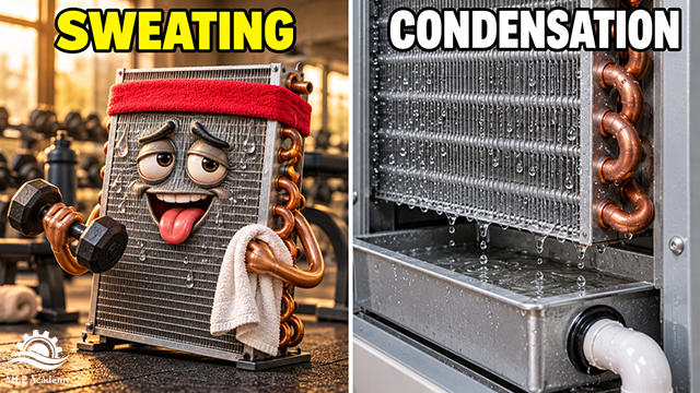 Coil wearing a workout sweatband beside water droplets forming on a cooling coil above a drain pan.