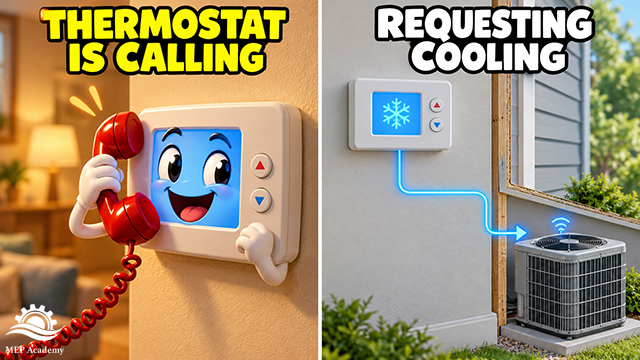 Thermostat holding a red telephone beside a thermostat sending an illustrated cooling request to an AC unit.