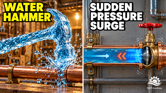 Hammer made of water striking a pipe beside a pipe cutaway illustrating a pressure wave near a closed valve.